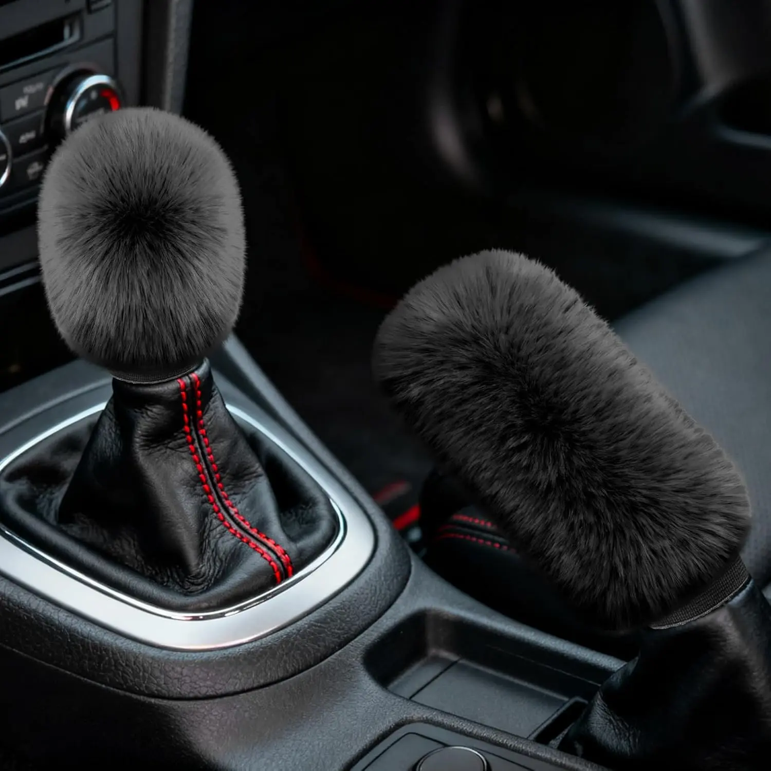 2PCS Plush Car Gear Shift Knob Cover & Handbrake Cover, Shift Knob Protector, Soft Fluffy Gear Handbrake Protective Sleeves, Shifter Lever Brake Handle Warm Plush Set Cars (Black)