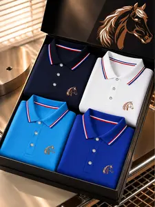 Men's Summer Striped Collar Polo T-Shirt Set, Geometric Pattern, Loose-Fit, Casual, Athletic Style, All Seasons, Business & Sport Wear