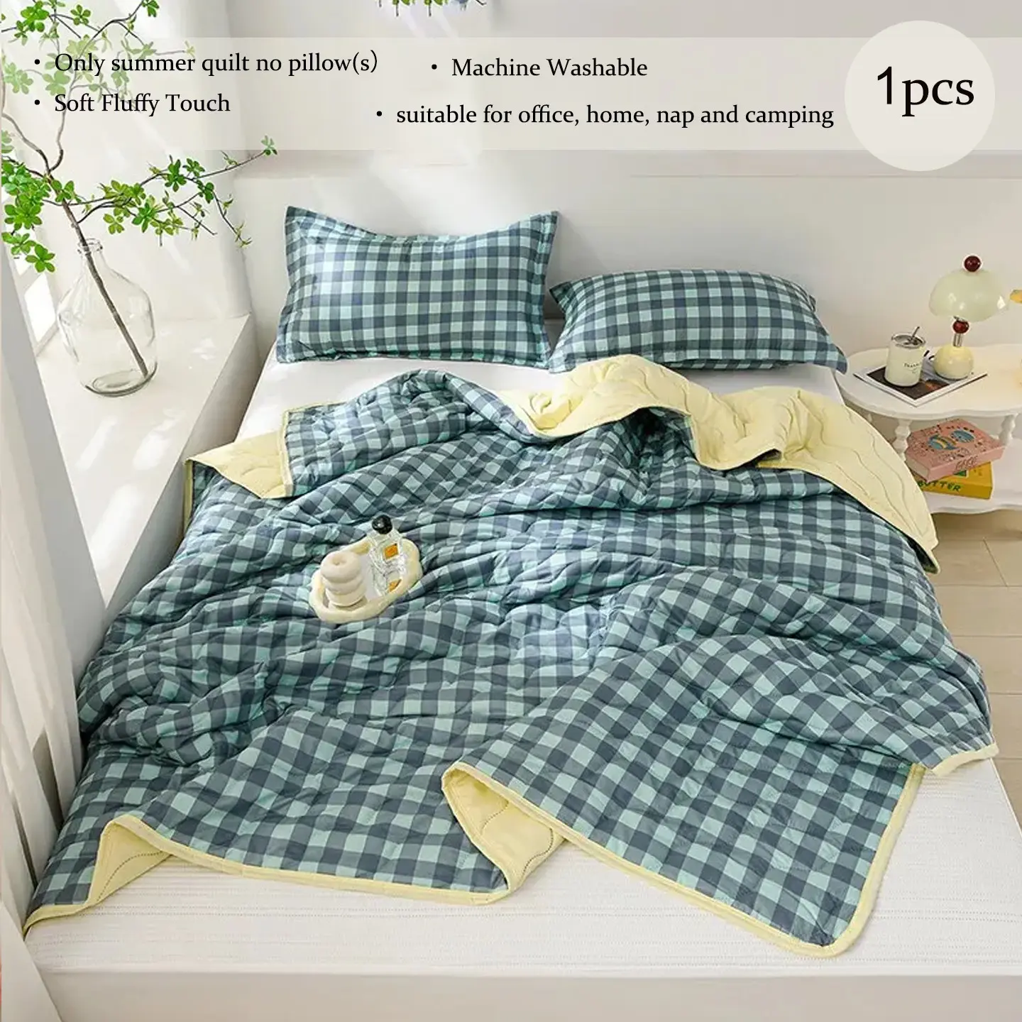 1pc Teal Green Gingham Plaid Quilted All Season Quilt, Reversible Soft Lightweight Breathable Thin Comforter, Checkered Bedding for Bedroom Couch Nap, Multiple Sizes (Only Quilt, No Pillowcases Included)