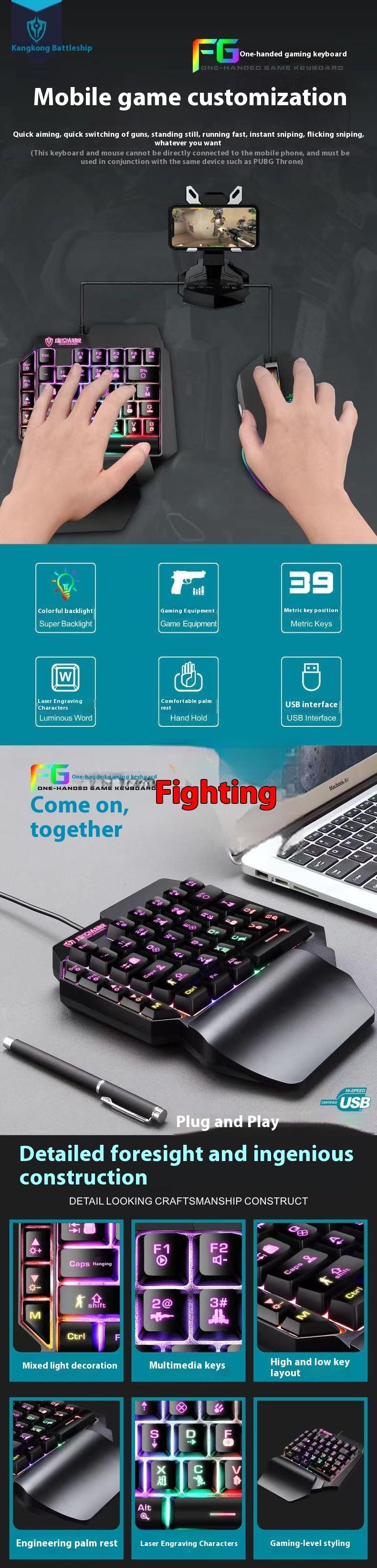 ZRTF F6 Single Mobile Phone Glowing Gaming Keyboard,Supports for Android System, PUBG Keyboard Connect to Mobile Phone King of Glory Left Hand Keyboard  for Android not ios