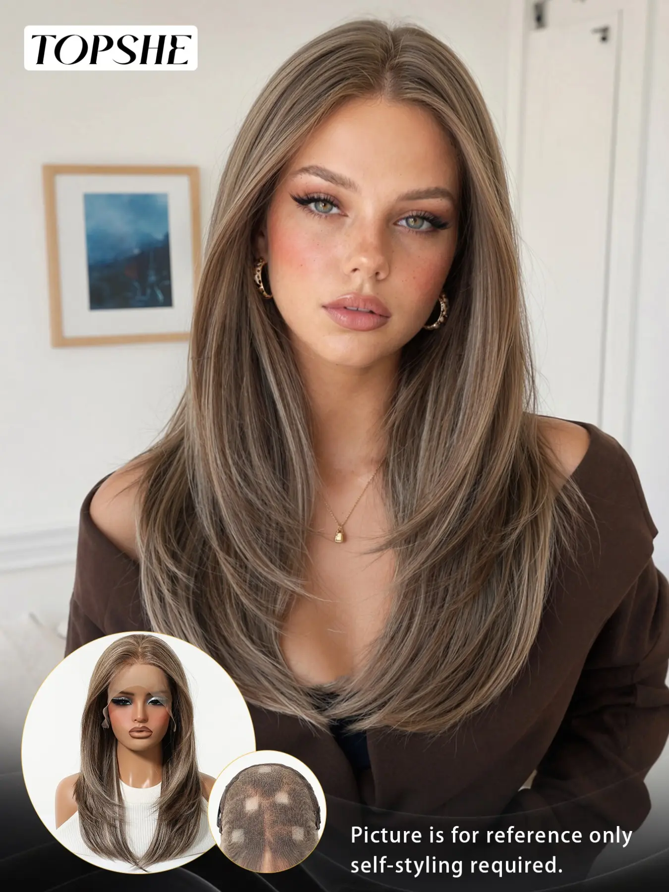 Topshe Hot Selling 13×6 Wide Lace Front Medium Layer Straight Wig, Warm Chestnut Brown Ice Ash Balayage Highlights, Pre Plucked Natural Baby Hairline, Futura Heat Resistant Synthetic Fiber, Glueless Wear & Go For Daily Makeup Party Photoshoot