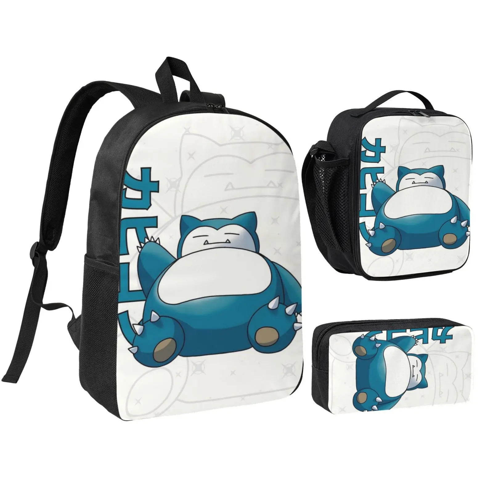 Anime Snorlax1 Kids 3Pcs Multipurpose Teen Backpack Set with Adjustable Shoulder Straps, School Bookbag, Insulated Lunch Box & Pencil Bag for Boys Girls Daily School Travel Office