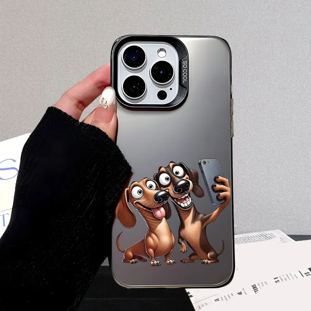 Phone Case - Cartoon Dachshunds Taking Selfie Design Phone Case New Fashion Matte Shockproof Large-Hole Frosted Protective Hard Case Compatible With Iphone 11 12 13 14 15 16 17 Pro Max E Plus, Cute Protective Case, Trendy Gift