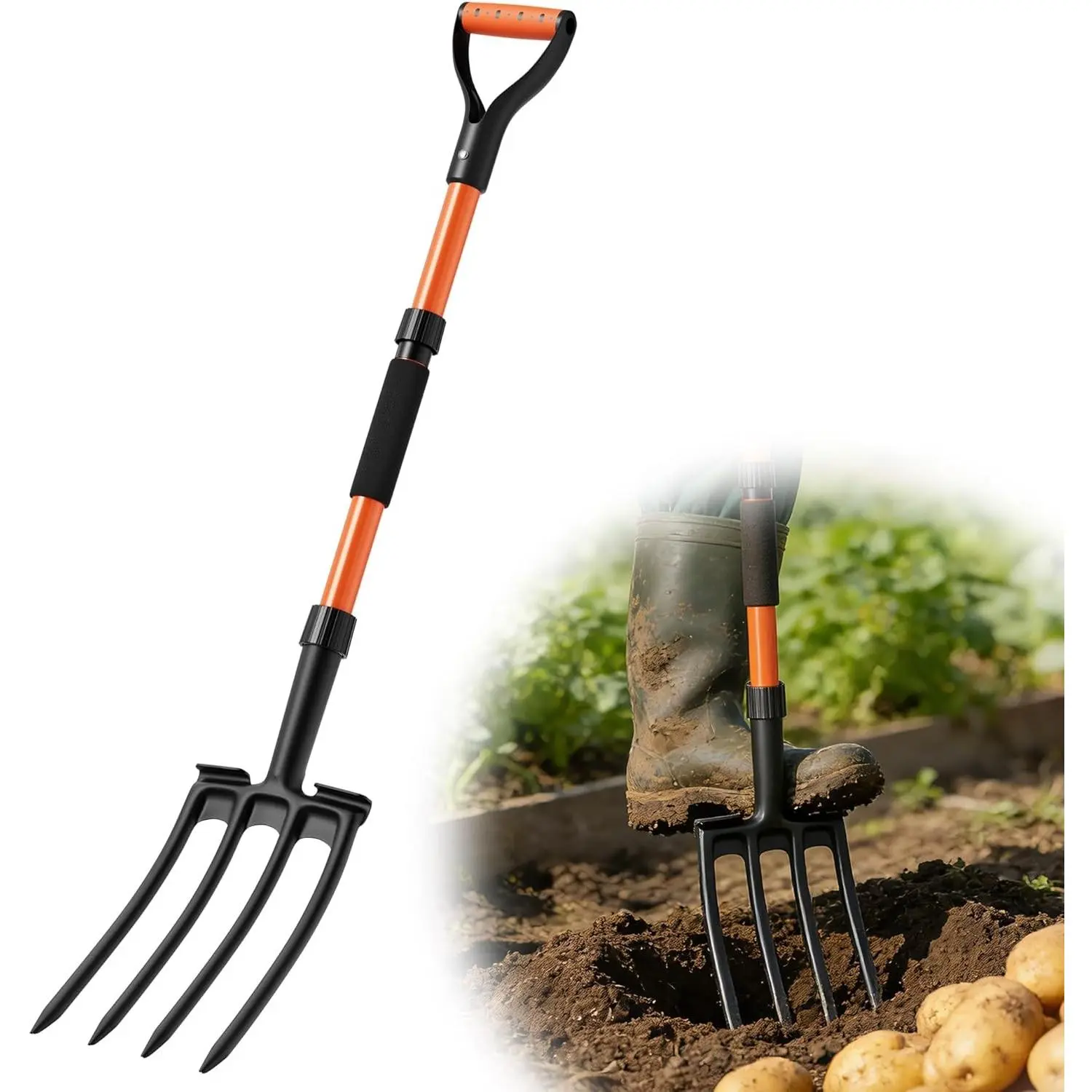 Garden Fork for Digging, 4-Tine Pitch Fork with Foot Step, Ergonomic Y-Handle & Comfortable Grip, Lightweight Durable Pitchfork for Soil Loosening, Compost, Mulch, Weeding & Potato Harvest - 43 Inches