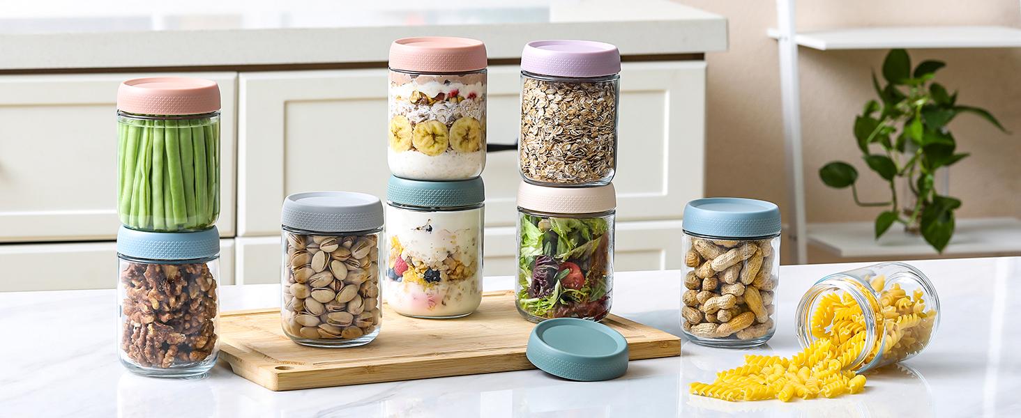 6-pack 16 oz Overnight Oats Containers with Lids, Glass jars with Airtight Lids, Wide mouth Mason Salad jars, Glass Food Storage Containers for Snacks Yogurt Spice Sugar