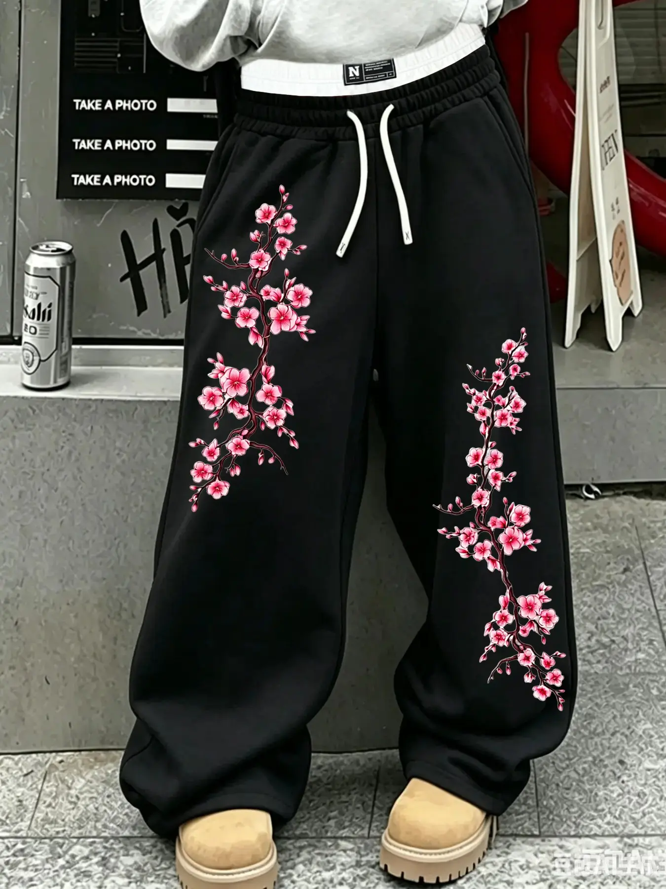 American Vintage Plaid Waist Patch Wide Leg Sweatpants, Cherry Blossom Print Loose Straight Pants, Y2K Street Hip Hop Casual Pants, Unisex Couple Wear