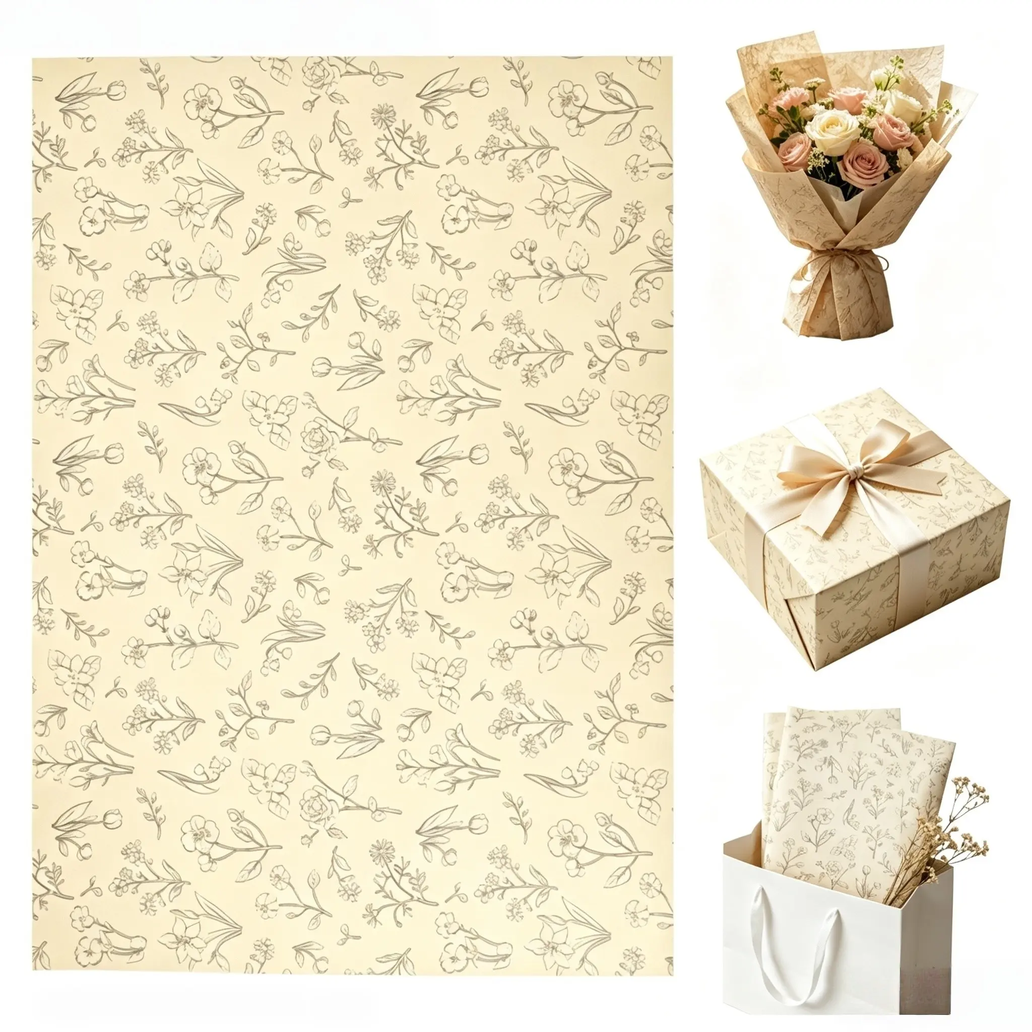 Beige Line Floral Tissue Paper 50×35cm (19.68×13.78 Inches), 15 Sheets & 60 Sheets Optional, Gift Wrapping Paper for Christmas, Wedding, Birthday, Bridal Shower, Bouquet & Gift Box Filling, Bouquet Wrapper