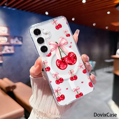 Cute Phone Accessories Fruit-Print Magnetic Phone Case, Shockproof Transparent Acrylic Cover for Samsung Galaxy S26-S21, S20 FE Plus Ultra Edge, S10E, A57-A14