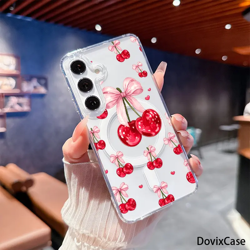 Sweet Red Cherries with Soft Pink Bows and Hearts HD Clear Shockproof Transparent Acrylic Magnetic Printed Phone Case for Samsung Galaxy S26 S25 S24 S23 S22 S21 S20 Fe Plus Ultra Edge S10E A57 A56 A55 A54 A37 A36 A35 A34 A26 A25 A24 A23 A17 A16 A15 A14