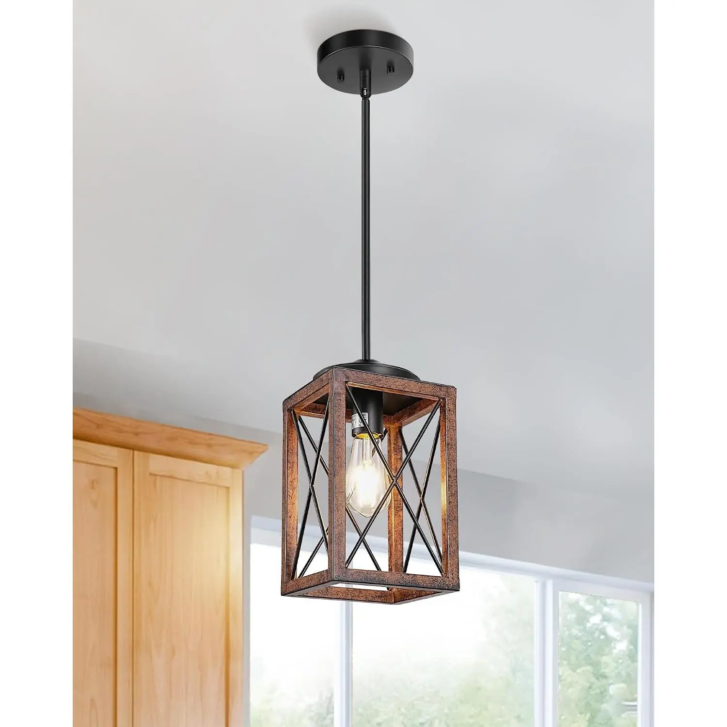 Farmhouse Metal & Wood Pendant Light, Ceiling Mount Hanging Fixture with Wooden Grain Finish, 48" Long Adjustable Pipes for Flat/Slop Ceilings, E26 Base, Indoor Use for Kitchen Island, Bedroom