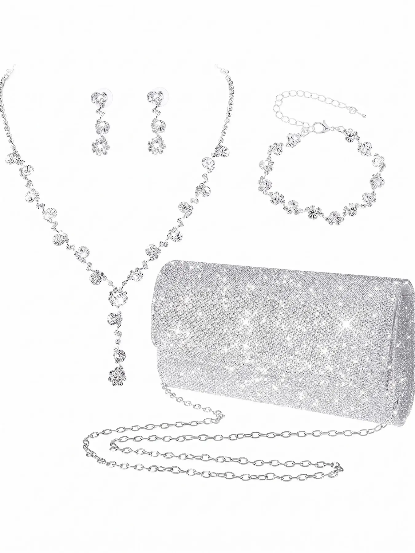 4Pcs Silver Glitter Clutch Bag Jewelry Set for Women, Shimmering Rhinestone Y Necklace Tennis Bracelet Drop Earrings Pack, Prom Wedding Guest Evening Purse Formal Party Matching Accessories
