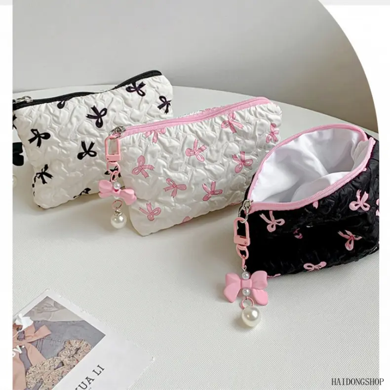 Quiet Luxury Bow Decor Large Capacity Makeup Bag, Cute Girly Dual-Use Coin Purse Storage Pouch, High-Value Portable Cosmetic Organizer For Women Daily Travel Small Item Sorting Outfits,heart,choker,