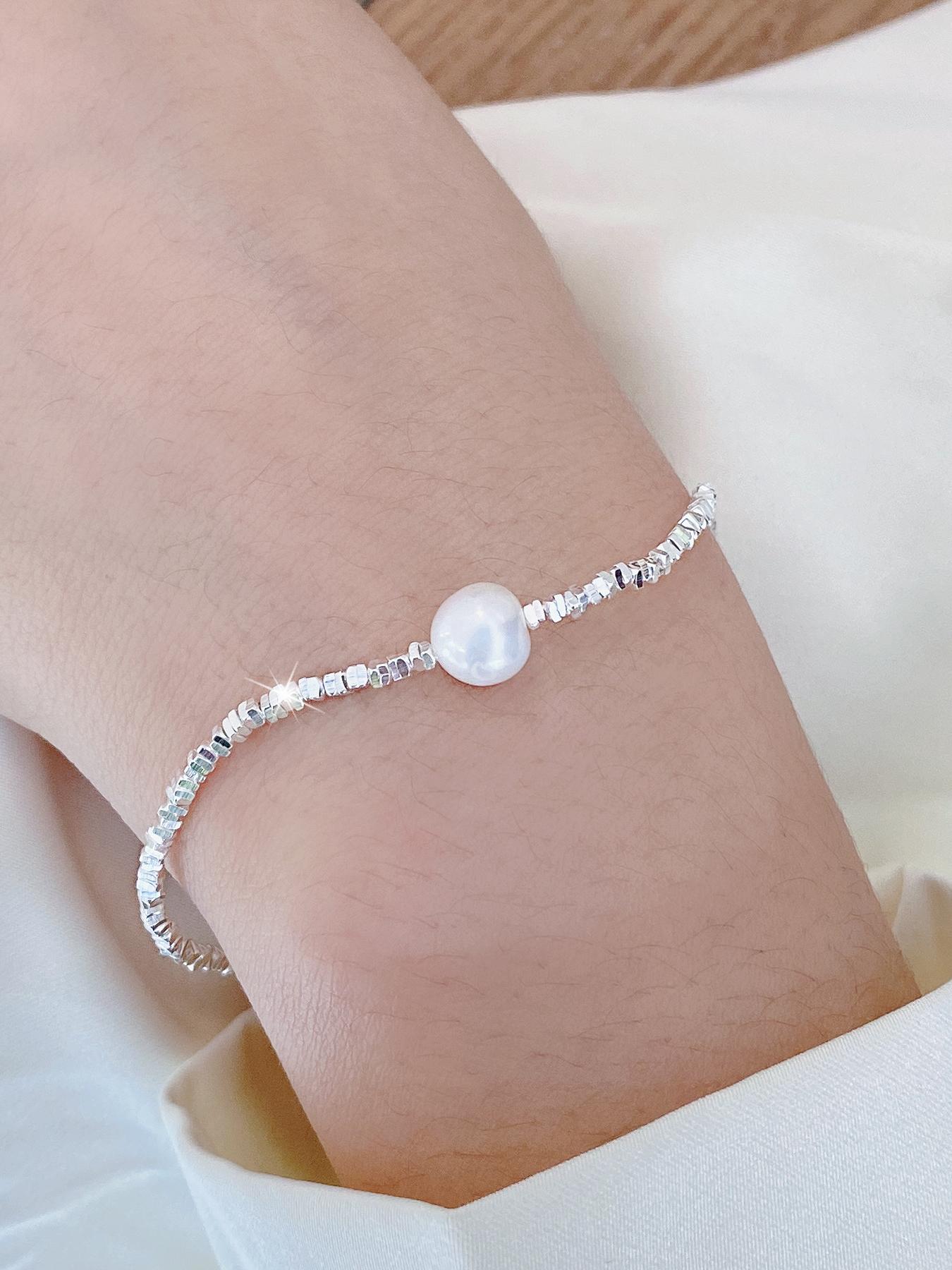 S925 Sterling Silver Faux Pearl Decorated Bracelet, Fashion Jewelry for Party, Daily Clothing Decor, Trendy All-match & Exquisite Jewelry for Birthday Gift
