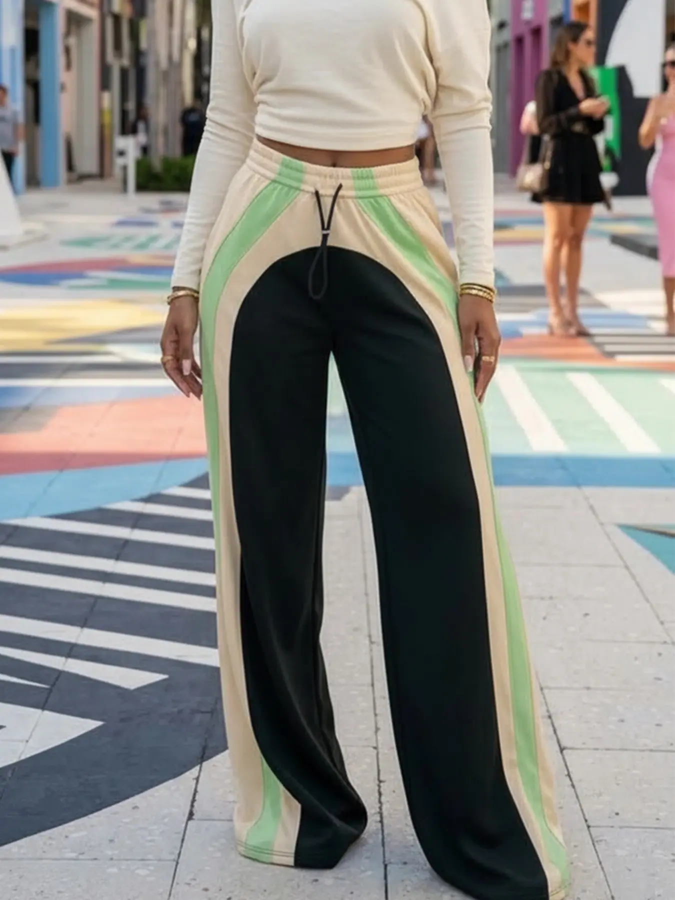 Women's Colorblock Side Stripe Wide Leg Sporty Sweatpants, Loose Fit Casual Long Pants, No Pocket Athletic Wear, Trendy Comfortable Style