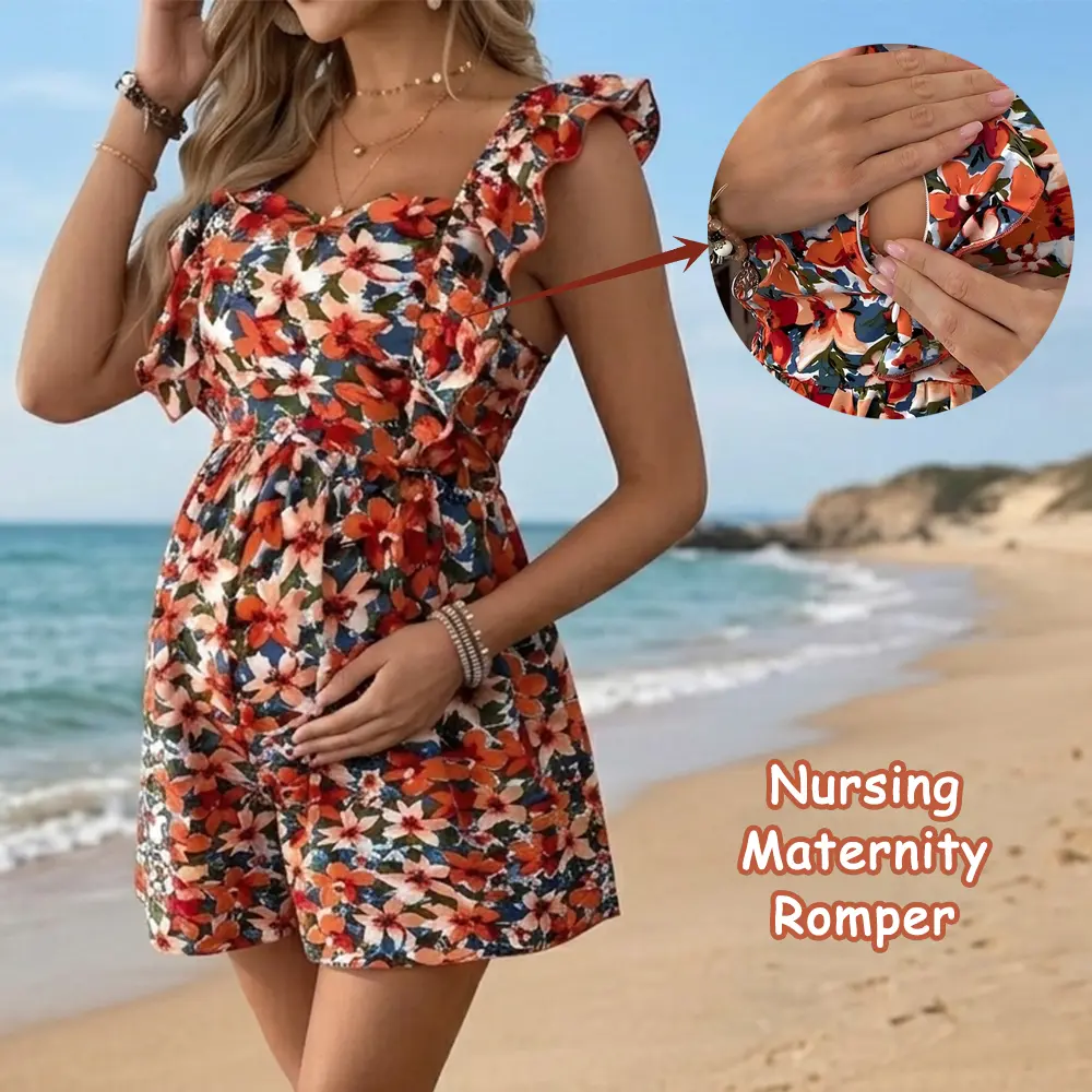 MUSBUY Women's Ruffle Shoulder Floral Maternity Romper - Hidden Nursing Design, High Waist Bump-Friendly Shorts, Comfortable Maternity Wear for Holiday, Daily, Outdoor Use