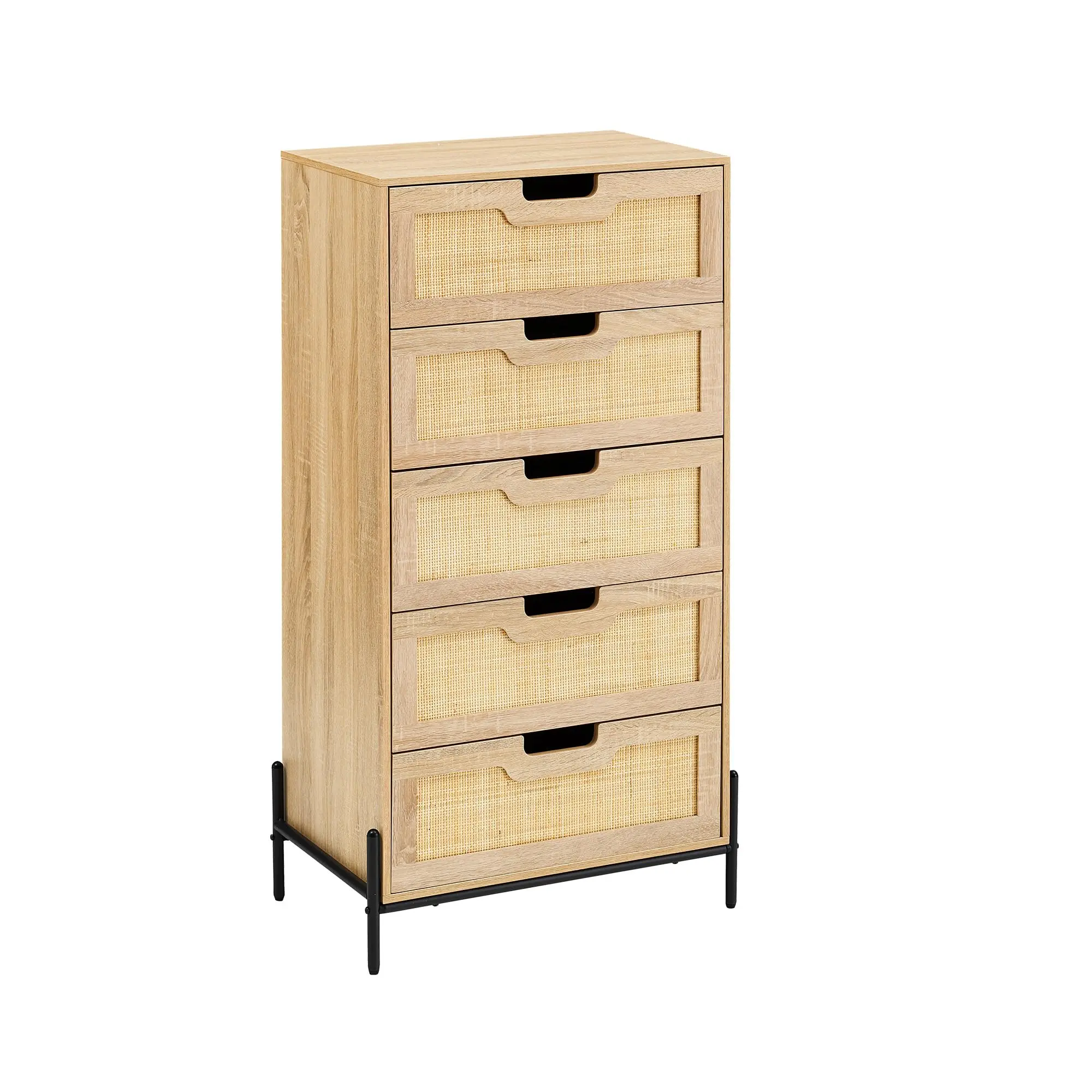 Garvee - Natural Rattan Dresser with 5 Drawers, Wooden Dresser, Storage Closet with Solid Metal Legs, Modern Storage Unit for Bedroom, Living Room, Entryway, Oak