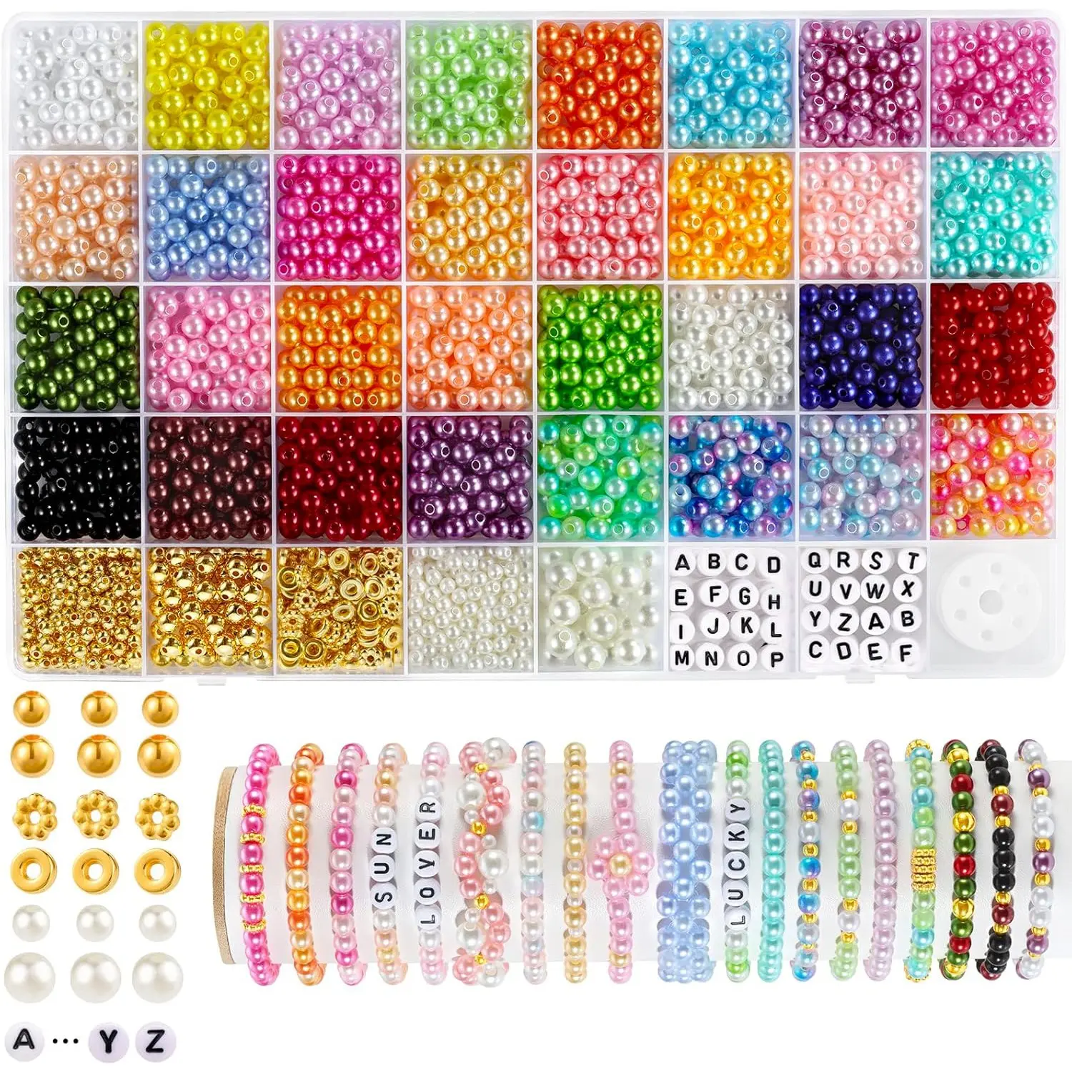 1400 Abs Pearl Bead Kit, 32 Colors Round Beads for Jewelry Making, Includes Spacer Letter Beads, Alphabet Beads, Stringing Wire for Bracelets Necklaces Earrings