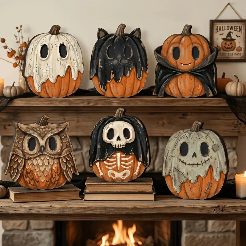 Retro Halloween Indoor Decor, Autumnal Festive Decoration, Retro Wooden Blocks for Shelf Decoration Ornament, Ghosts, Black Cats, Pumpkins, Skulls, Witches, Cats, Owls, Zombies, Vampires, Holiday Decor