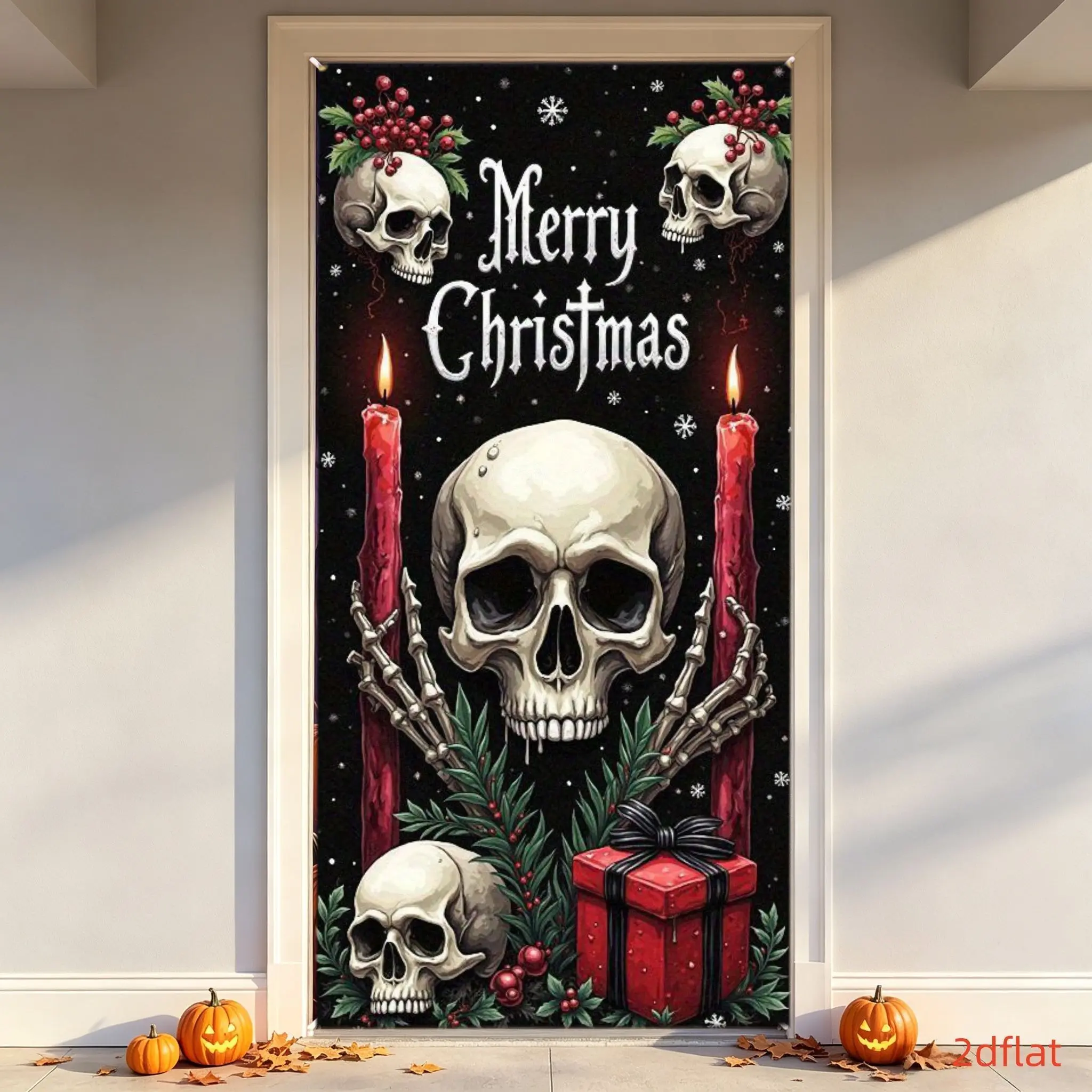 Gothic Christmas Skull Door Banner, Candle Gift Box Pine Branch Background, Punk Dark Festival Decor, Polyester, Indoor Outdoor Use