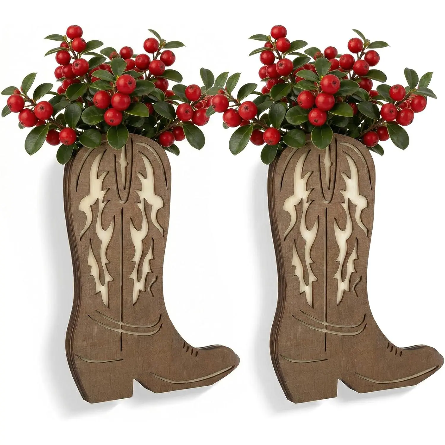 2 Pcs Cowboy Boot Vase Country Room Decor Wood Cowboy Boots Wall Planter for Indoor Western Decor Vase for Flower for Bathroom Bedroom Kitchen Western Party Decoration(Retro Style)