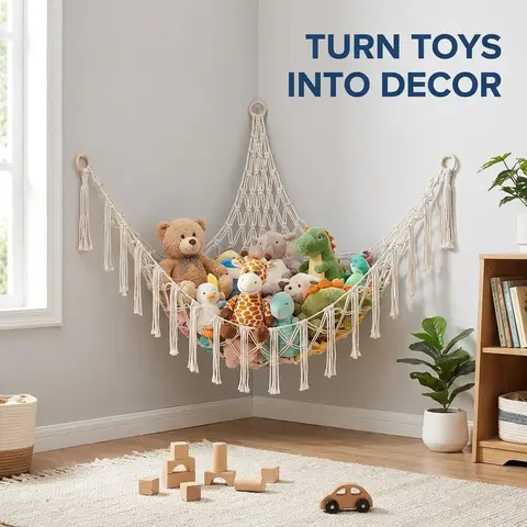 Plush Toy Net, 1 Count Hand‑woven Rope Wall Mounted Triangular Corner Toy Storage Net Organizer, Decoration, for Living Room Bedroom Dormitory