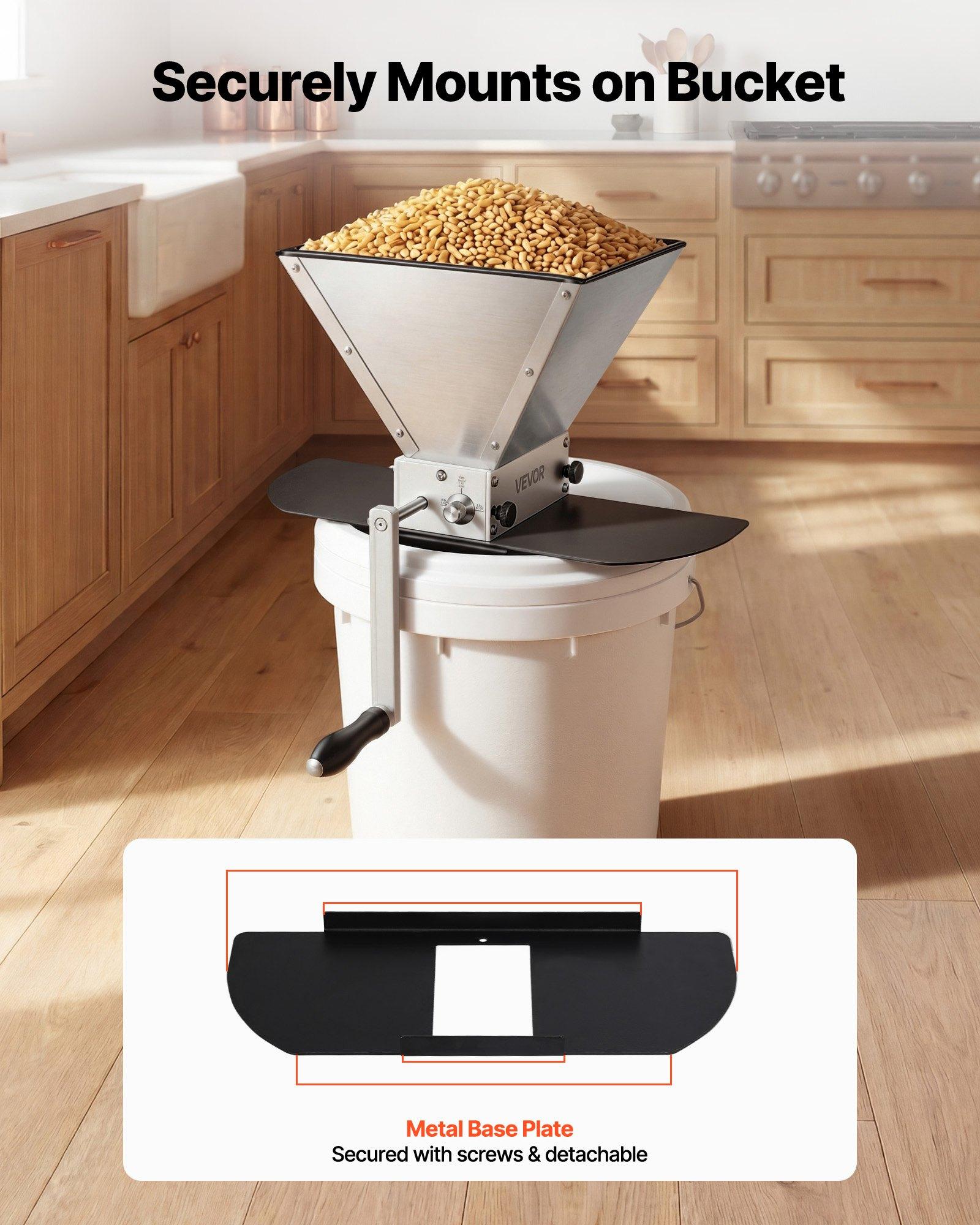 VEVOR Manual Grain Mill, Homebrew Malt Grinder, Adjustable Barley Mill Crusher for Wheat Beer Brewing - with 2 Stainless Steel Rollers, 1.06 Gallon Hopper & Metal Base Plate