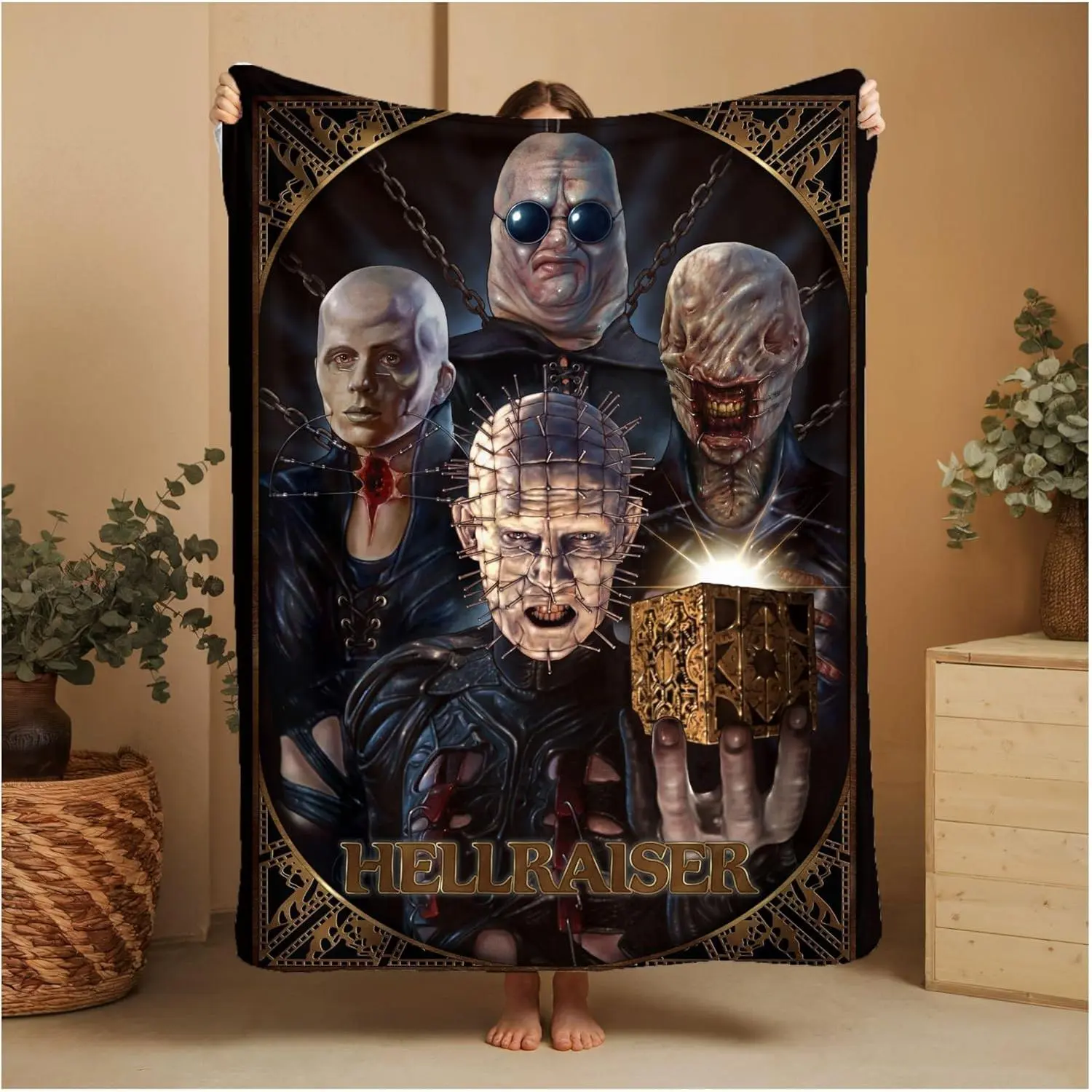 Hellraiser Cenobites Group Portrait Flannel Throw Blanket - Pinhead Horror Film Puzzle Box Design, Anti-Fade Character Art, Warm Home Decor Gift for Horror Fans
