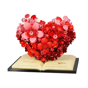 Heart Shaped Eternal Flower Building Block Model with Book Base, Romantic Floral Small Brick Desktop Collectible Ornament, 3D Flower Arrangement Construction Bricks, Creative Desktop Display, Handmade DIY Assembly Gift for Home Decor and Personal Collecti
