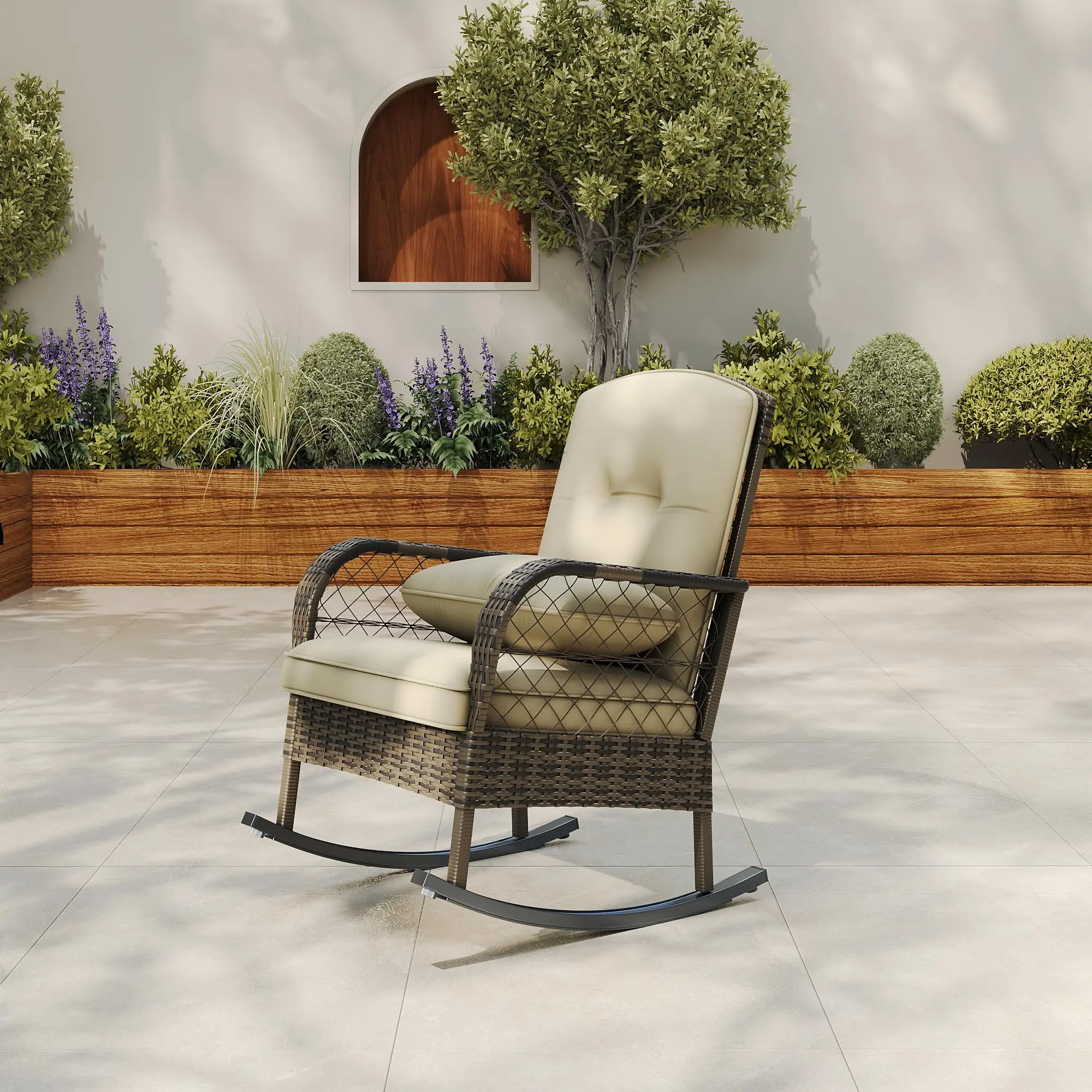 Outdoor Wicker Rocking Chair with Padded Cushions, Aluminum Furniture Rattan Porch Rocker Chair with Armrest for Garden, Patio and Backyard