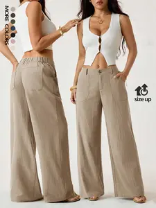 Women's Classical Linen Palazzo Pants Summer Flowy Wide Straight Leg Beach Trousers With Pocket Casual Solid Color Soft Elastic High Waist Lounge Pants Travel Vacation Bottoms Date Brunch Home Work Streetwear Outfit