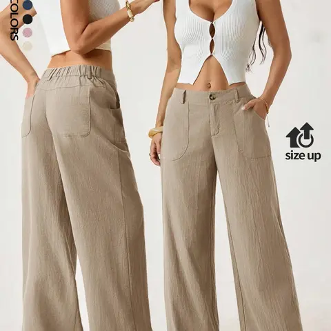 Women's Classical Linen Palazzo Pants Flowy Wide Straight Leg Beach Trousers With Pocket Casual Solid Color Soft Elastic High Waist Lounge Pants Travel Vacation Bottoms Date Brunch Home Work Streetwear Outfit