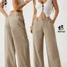 Women's Classical Linen Palazzo Pants Flowy Wide Straight Leg Beach Trousers With Pocket Casual Solid Color Soft Elastic High Waist Lounge Pants Travel Vacation Bottoms Date Brunch Home Work Streetwear Outfit