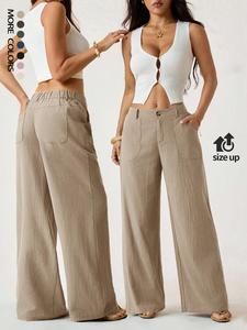Women's Classical Linen Palazzo Pants Summer Flowy Wide Straight Leg Beach Trousers With Pocket Casual Solid Color Soft Elastic High Waist Lounge Pants Travel Vacation Bottoms Date Brunch Home Work Streetwear Outfit