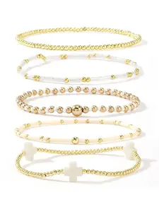 Gold Beaded Bracelets Stack for Women Stackable 14K Gold Plated Beads Ball Cross Bracelet Boho Christian Jewelry Faith Friendship Birthday Gifts for Women