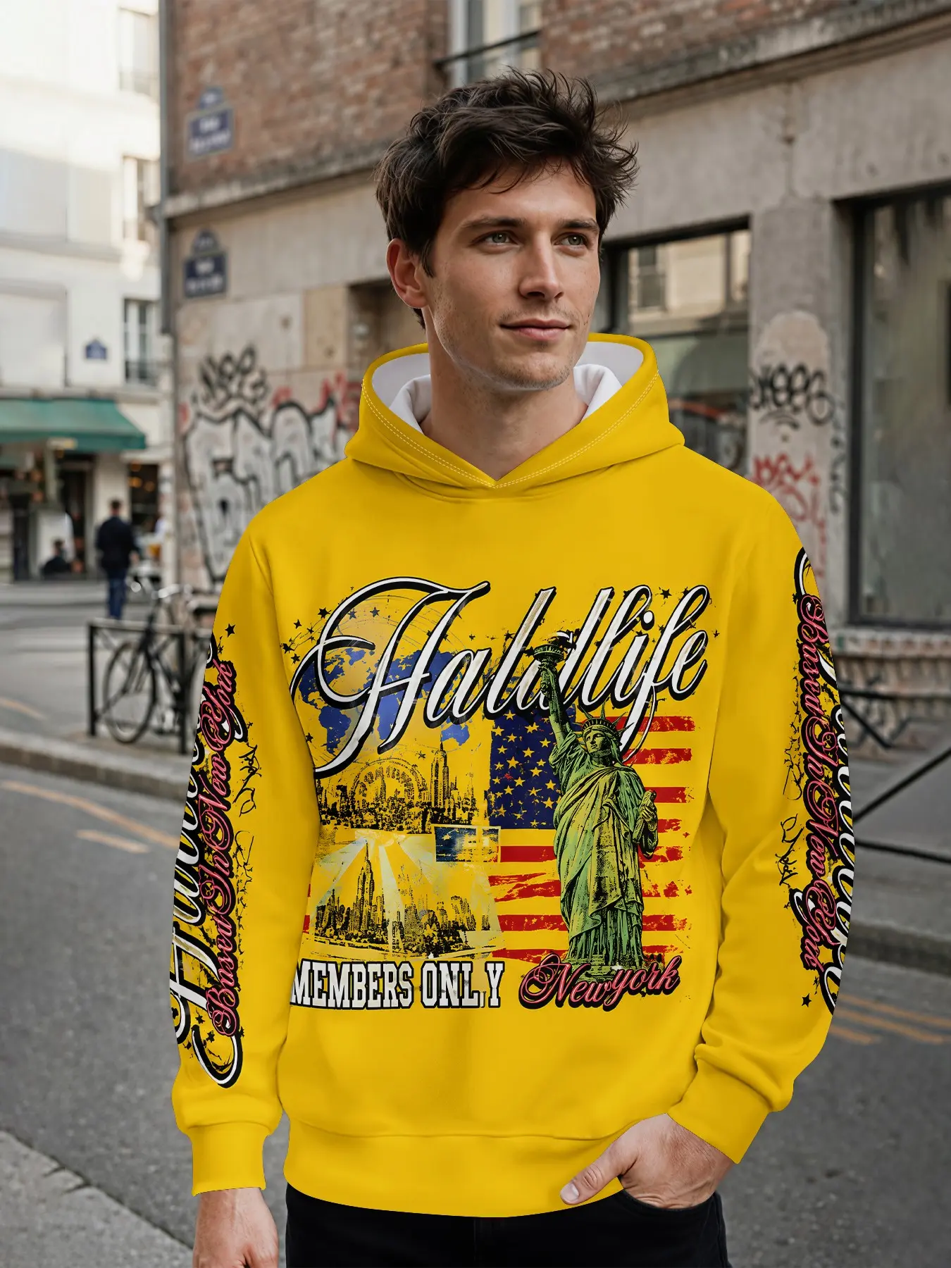 Men's hoodie with all-over print featuring the Statue of Liberty, New York landmarks and American flag patterns; American urban casual sweatshirt, long-sleeve stylish hooded jacket for men with 3D digital printing. It stands out for daily street looks and