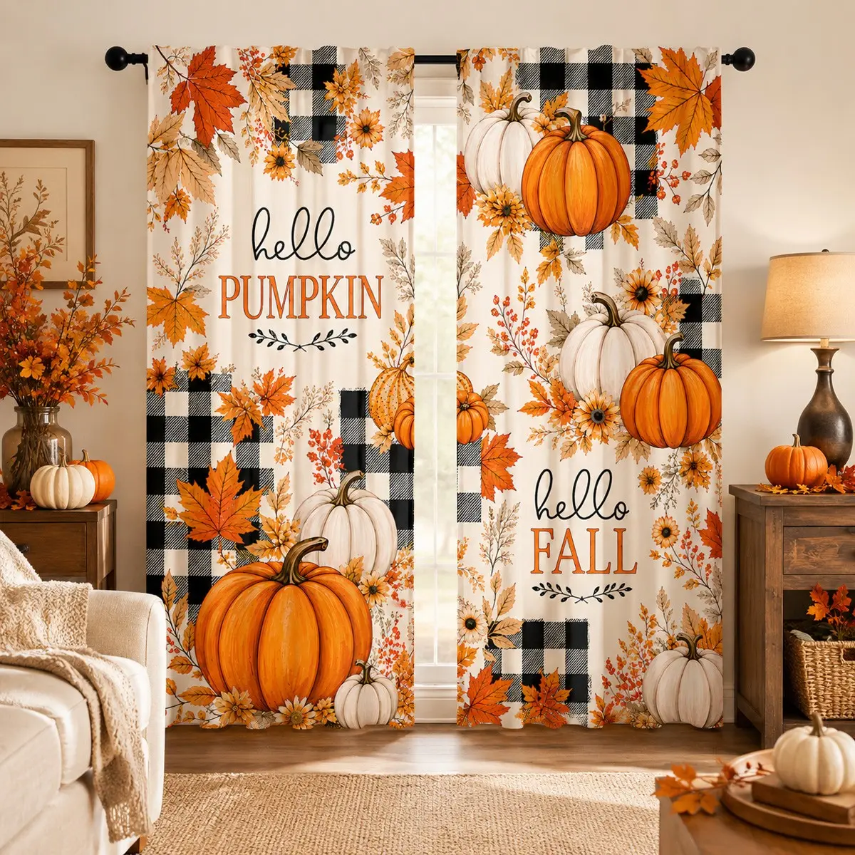 2 pieces, printed pole blinds, polyester semi blackout blinds, Thanksgiving harvest countryside style pattern, fresh rural style, suitable for dormitory, kitchen and room decoration, curtain panel, suitable for living room, bedroom, balcony and kitchen