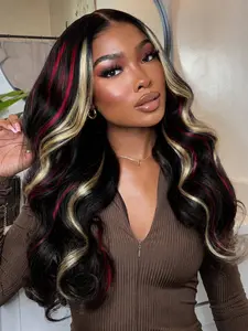26 Inch Black with Red and Gold Highlights Body Wave Silky Heat Resistant Fiber Hair Soft & Lightweight Natural Parting Synthetic Wig