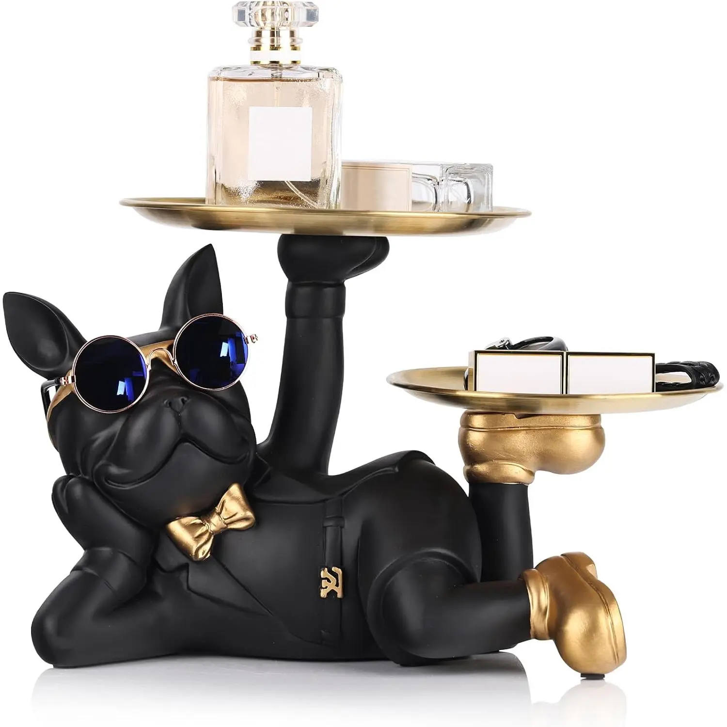Bulldog Tray Statue - Bulldog Butler with Storage Tray for Entryway Key Holder, Ring Holder, Living Room Coffee Table Candy Dish, Modern Home Office Desktop Decor (Black)