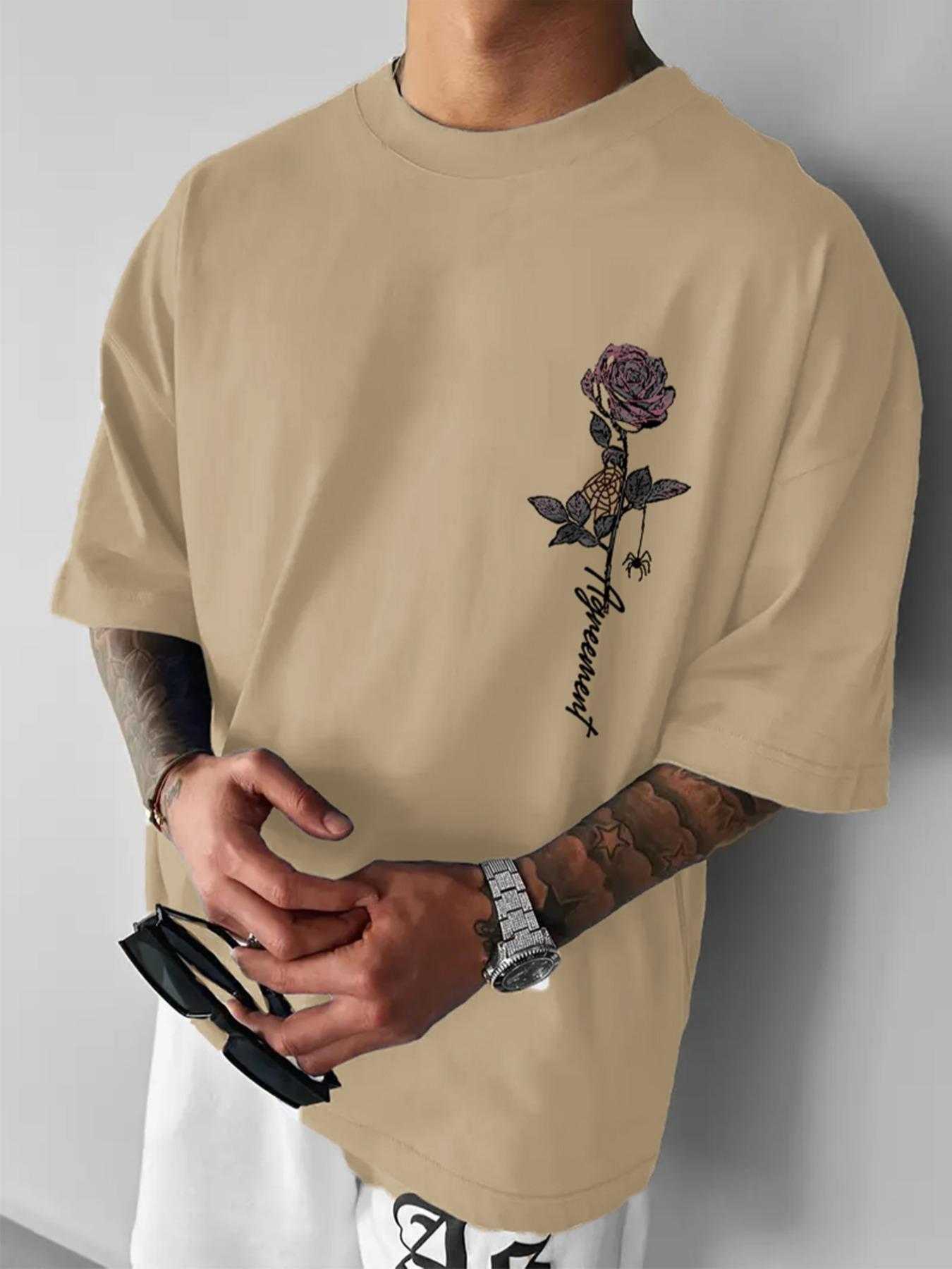 Men's Rose & Athletic Letter Print Round Neck Tee, Loose Casual Fashion Short Sleeve T-shirt for Summer, Men's Top for Daily Wear
