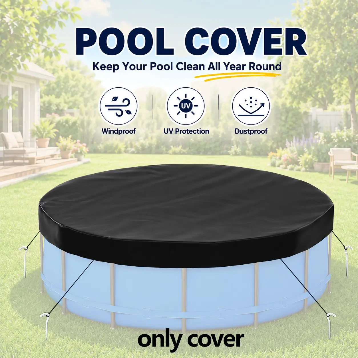 Round Above Ground Pool Cover, UV-Resistant Solar Heat Tarp, With Tie Ropes and Ground Stakes, Durable Heat Protection for Outdoor Swimming Pools