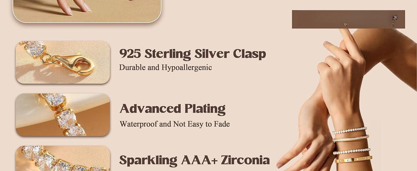 CASSIECA Gold Bracelet for Women 14K Gold Plated Stacking Bangle Tennis Bracelet Set Stainless Steel Adjustable Cubic Zirconia Tennis Bracelets Dainty Bangle Waterproof Jewellery Gifts for Women