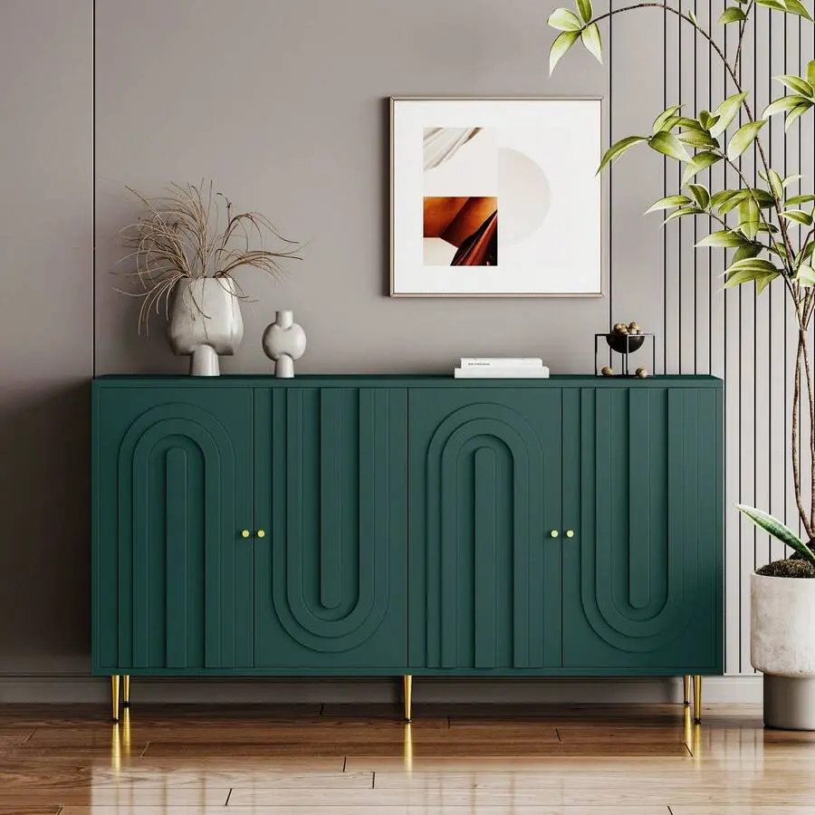 Modern Gray Lacquered 4 Door Wooden Cabinet Sideboard Buffet Server Cabinet Storage Cabinet Living Room, Entryway, Hallway, Office, And Dining Room