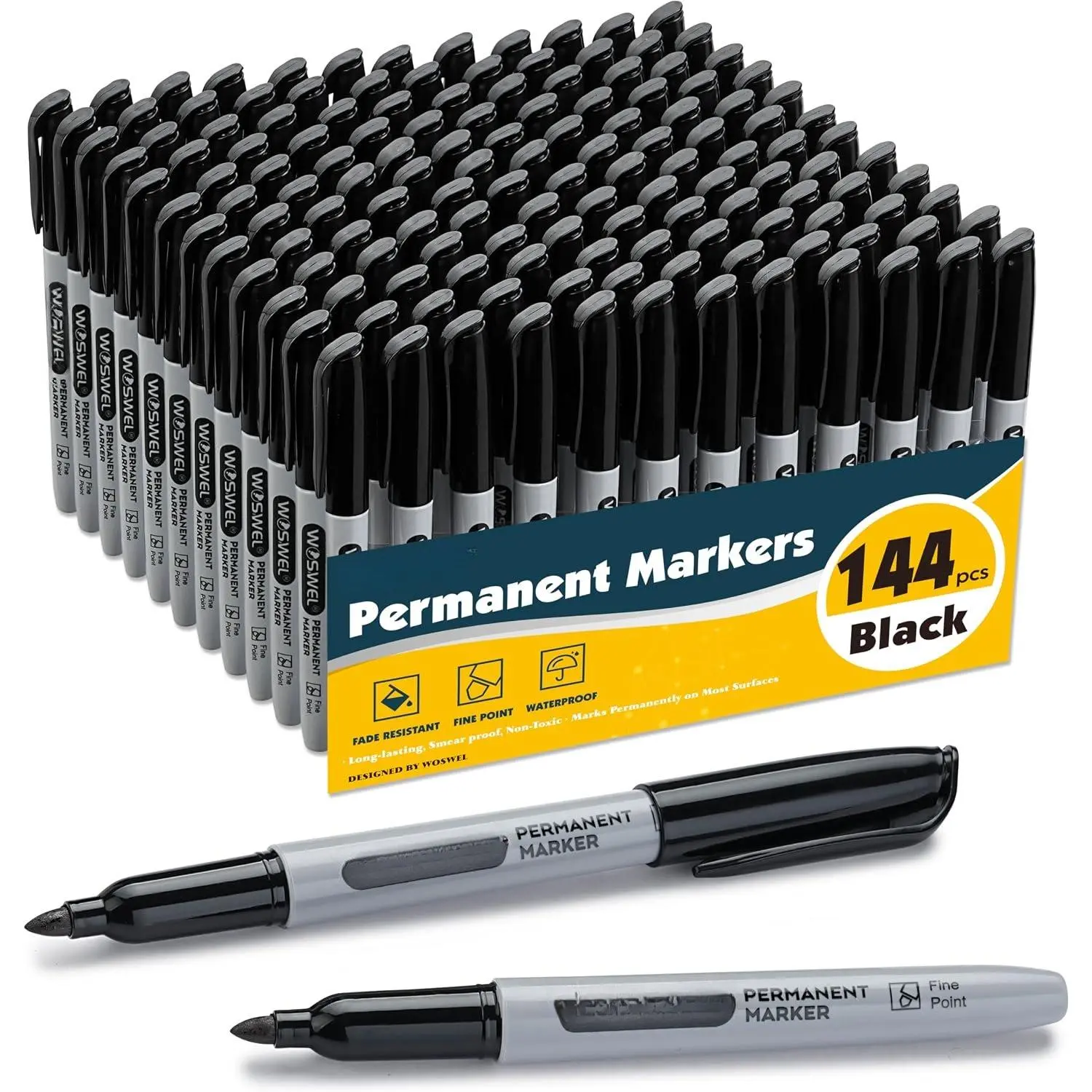 Permanent Markers Bulk, 144 Pack Fine Point Tip Black Permanent Marker Set,  Markers,  Smear Proof Pens, Quick Drying, Office Supplies for School, Office,