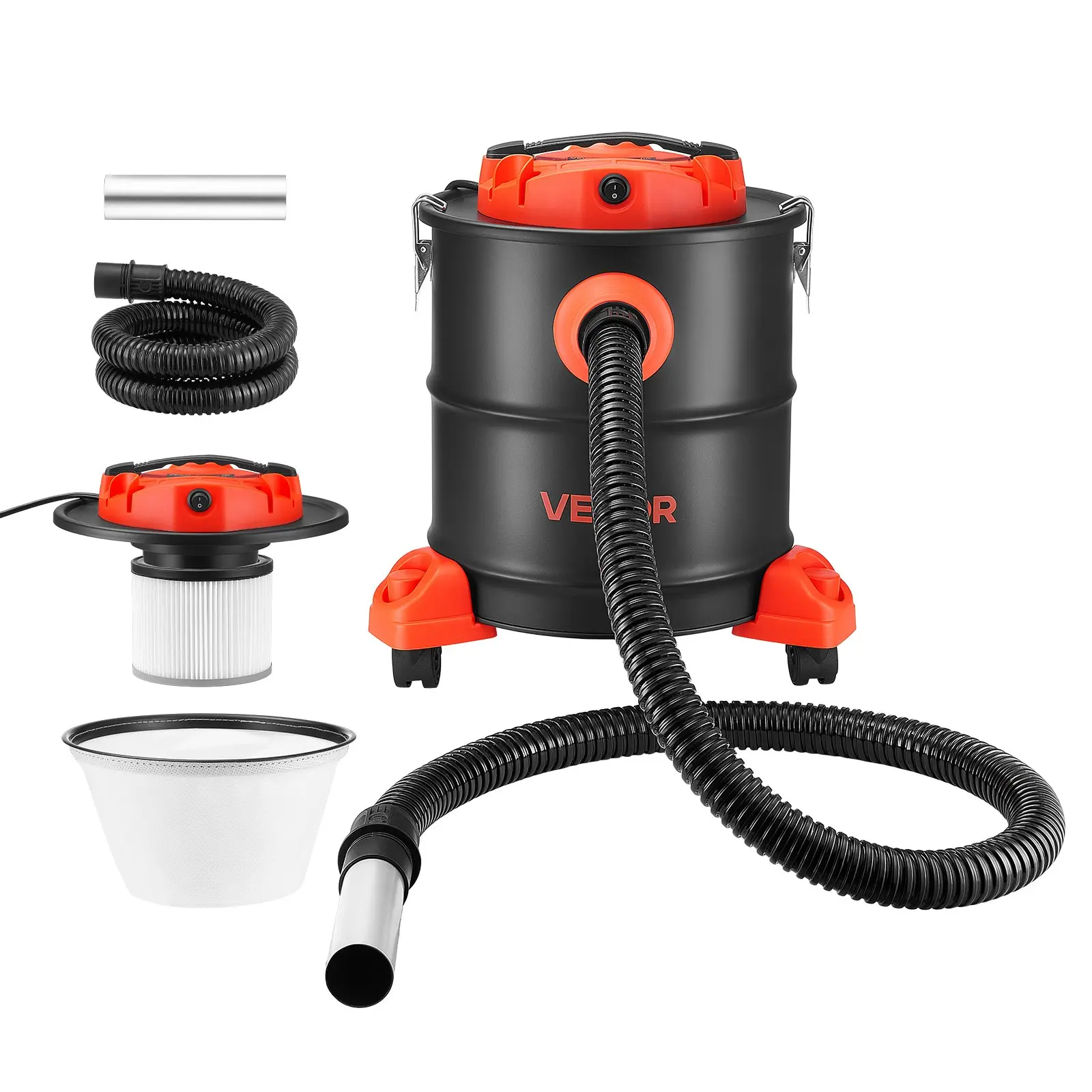 VEVOR Ash Vacuum with 5.3 gal Capacity, 20.1 L, 1200W, for Fireplace, Wood Stoves, Grills, Steel Tank, Dual-Layer Filtration, 5 ft Hose, Casters,toolupgrade