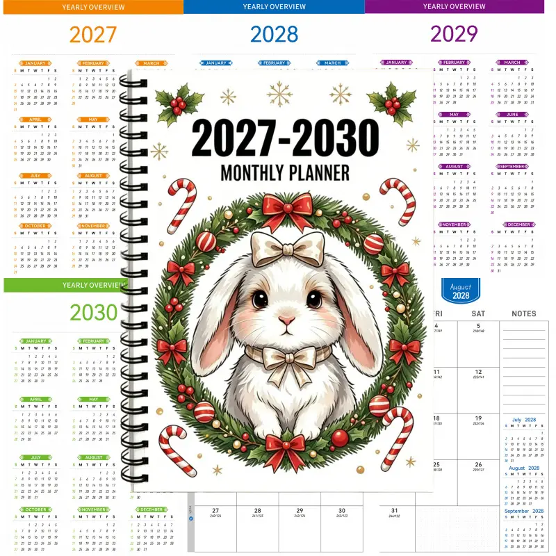 2027-2030 monthly planner, A5 size, 124 pages of high-quality paper, gradient inner pages. Cute Christmas bunny wreath spiral notebook, 8.3 x 5.5 inches, holiday candy cane and daisy art planner