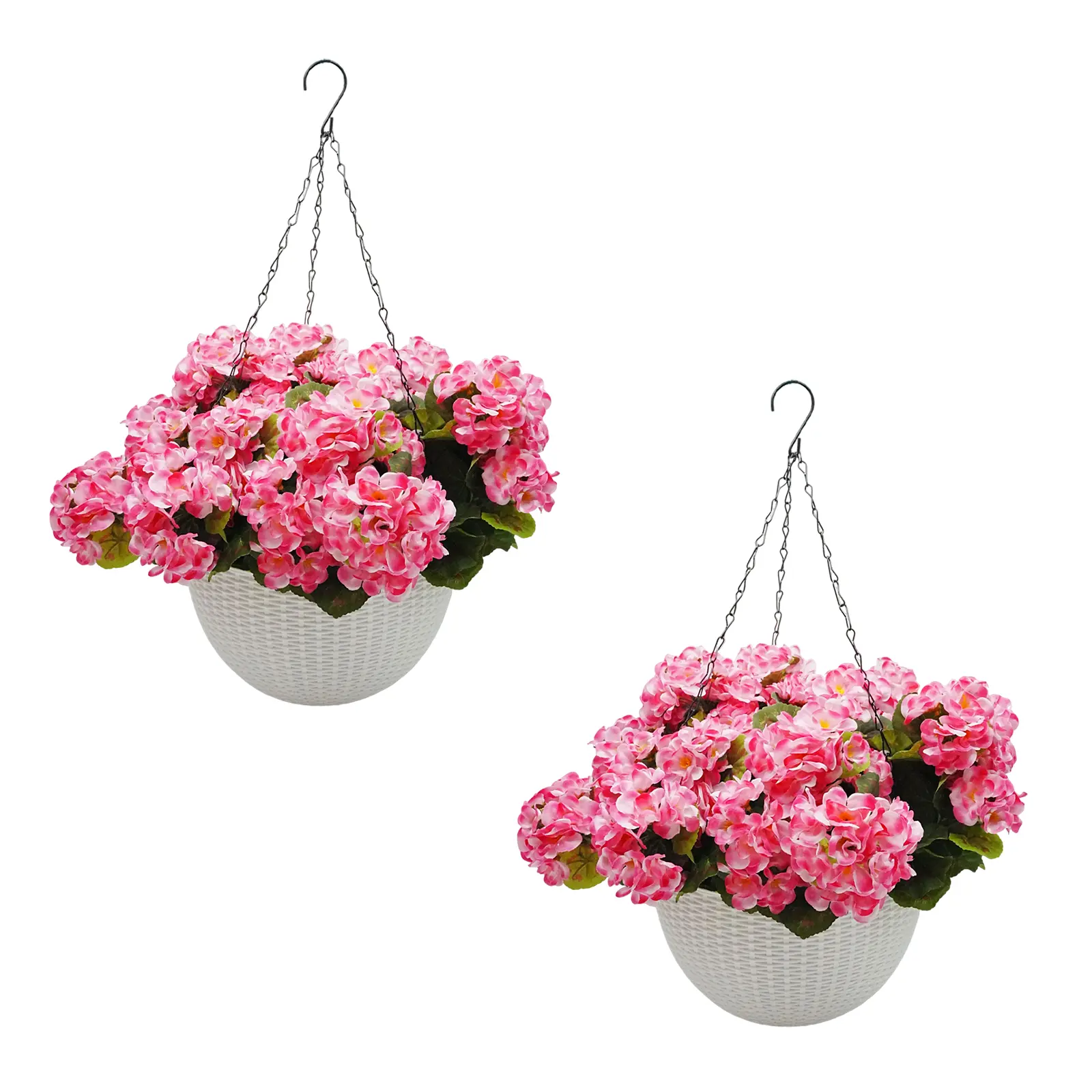 UV-Resistant Artificial Geranium Hanging Baskets, 2-Pack Faux Silk Flowers - 26cm Half-Round Plastic Planters w/ Iron Chain Hangers - Indoor/Outdoor Porch Patio Balcony Garden Decor