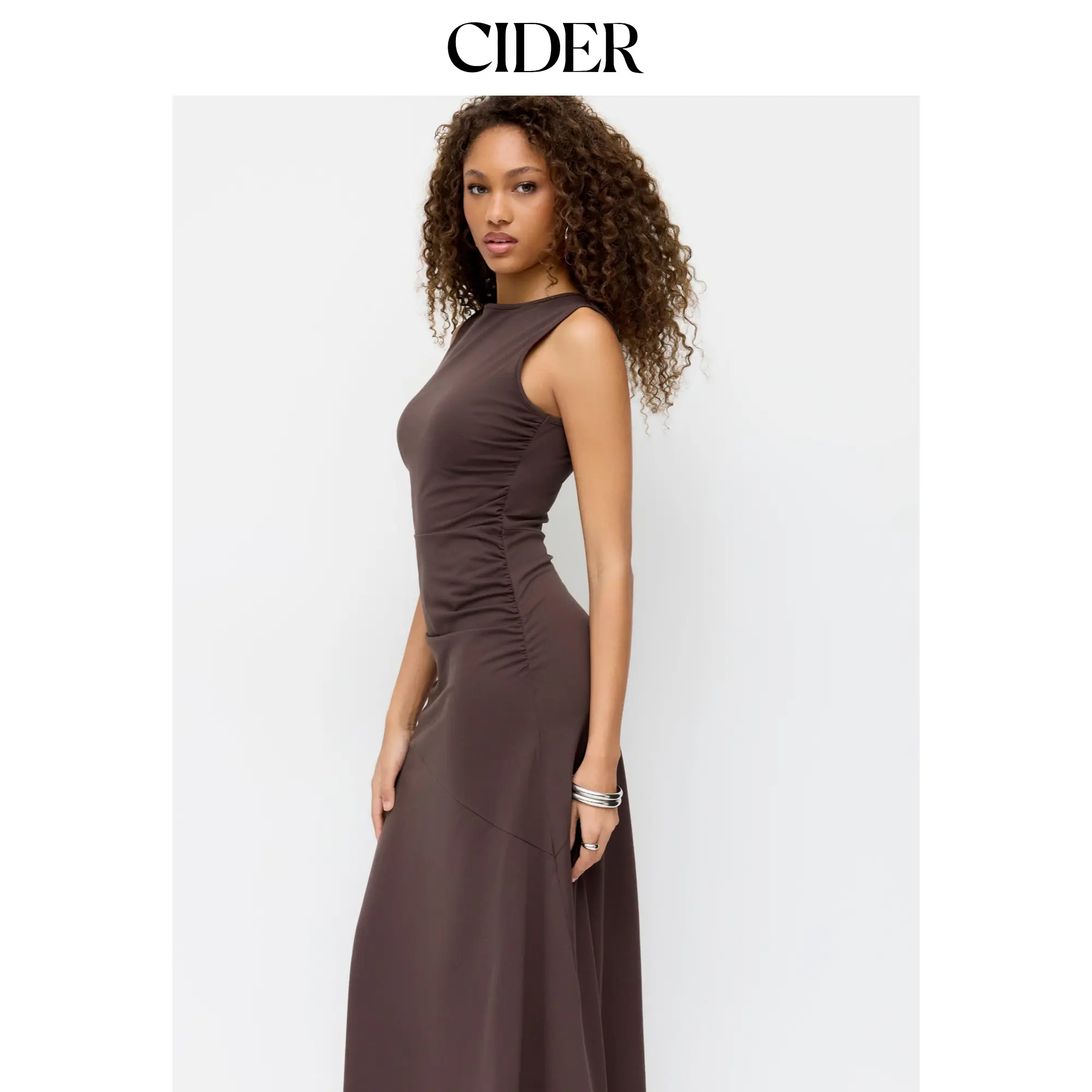 Cider Boat Neck Ruched Flared Maxi Dress
