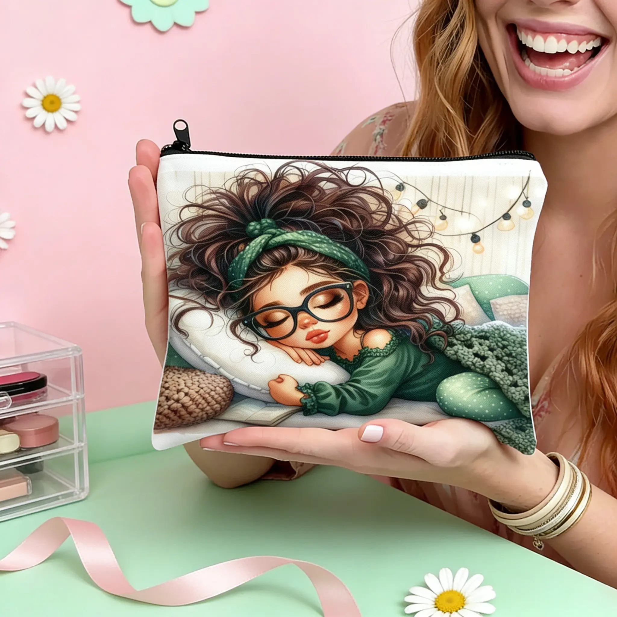 Sleepy Curly Hair Girl Canvas Makeup Pouch, Cozy Loungewear Print Zipper Bag, Relaxed Night-In Aesthetic Storage Pouch, 1pc