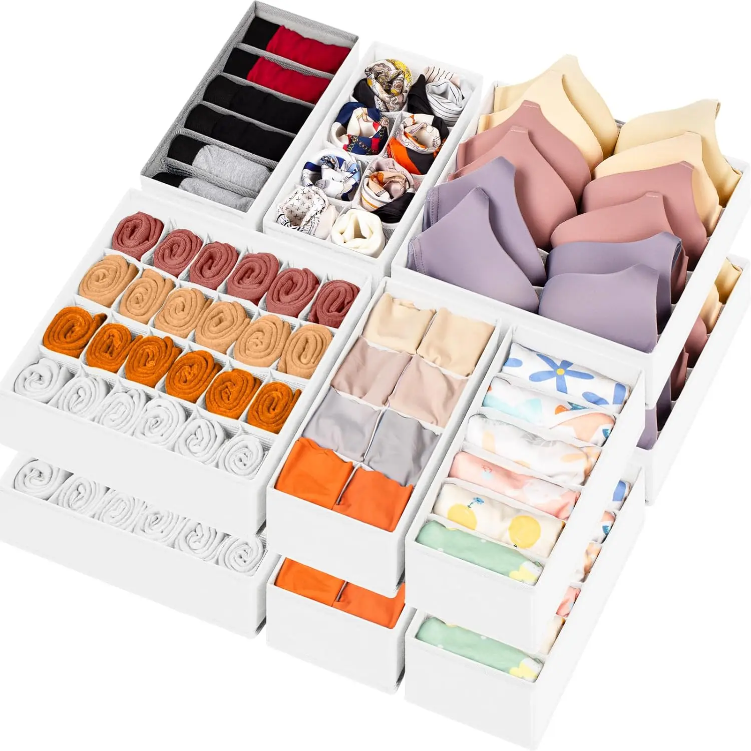 12-Pack Fabric Drawer Organizer Boxes - Multi-Size Set with 116 Large Compartments for Baby Clothing, Adults’ Underwear, Socks, Bras, Ties - Home Organizers for Dorm Closets Dressers