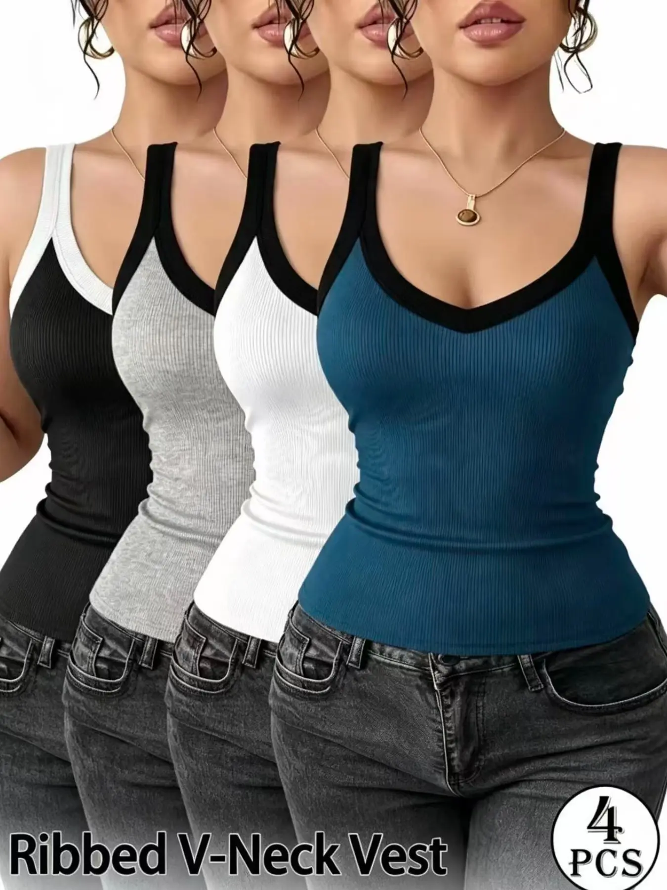 4‑Pack Women Trendy Ribbed Color‑Block Camisole Tank Tops, Conceals Side Bulges, Slim‑Fit V‑Neck U‑Back, Waist‑Cinching High‑Stretch Breathable Skin‑Friendly Knit Cropped Sleeveless Basic Top Sleeveless Knitted for Summer Styling & Gifting